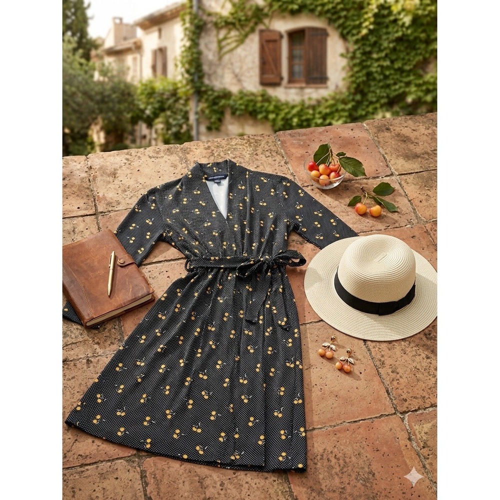 🍋 French Connection Aventine Jersey Midi Dress XS – Navy Lemon Polka Dot